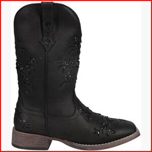 Mid Calf Pull On Boots with Glitter Tooled Inlay Square Toe Low Heel